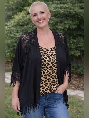 Express Black Lace-Trim Open Front Shrug with Fringe
